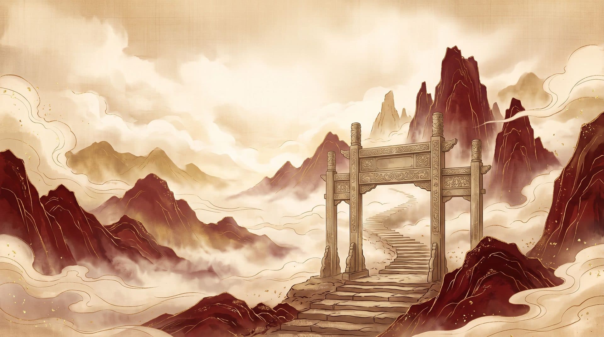 雲霧中的石牌坊，石階往山上延伸
