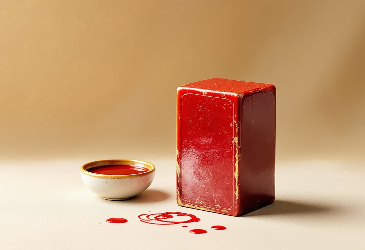 一方朱紅石印立在絹布上，旁邊一碟硃砂印泥